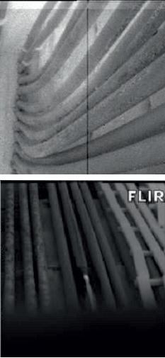 FOT.1 Przykładowe obrazy termograficzne przedstawiające uginanie się rur podgrzewacza ropy oraz wyciek z jednej z nich