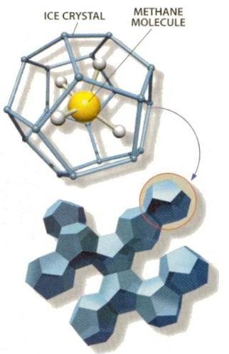 RYS. 1 Poglądowe przedstawienie cząsteczki hydratu metanu. Źródło: www.giss.nasa.gov/research/features/200409_methane/