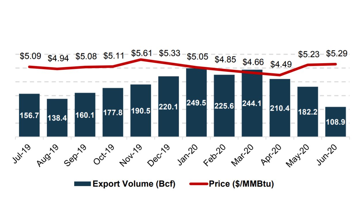 USA, ilości eksportowanego LNG i jego ceny (energy.gov)
